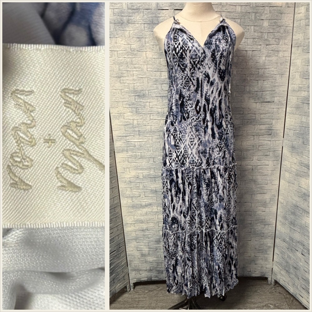 Roan + Ryan S Maxi Dress Blue White Animal Print Tiered Spaghetti Strap